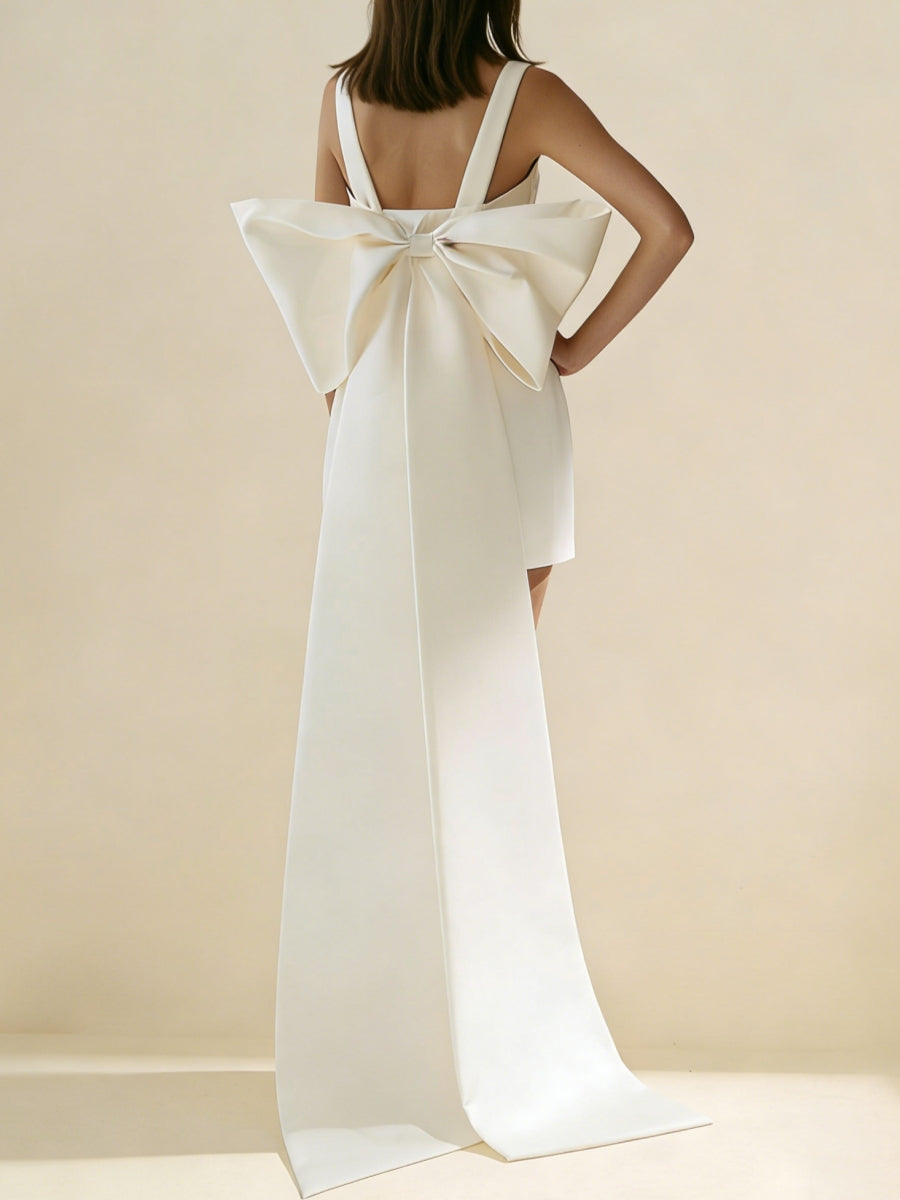 Mini Square Neck Satin Wedding Dresses Little White Dress with Bow Back Sleeveless
