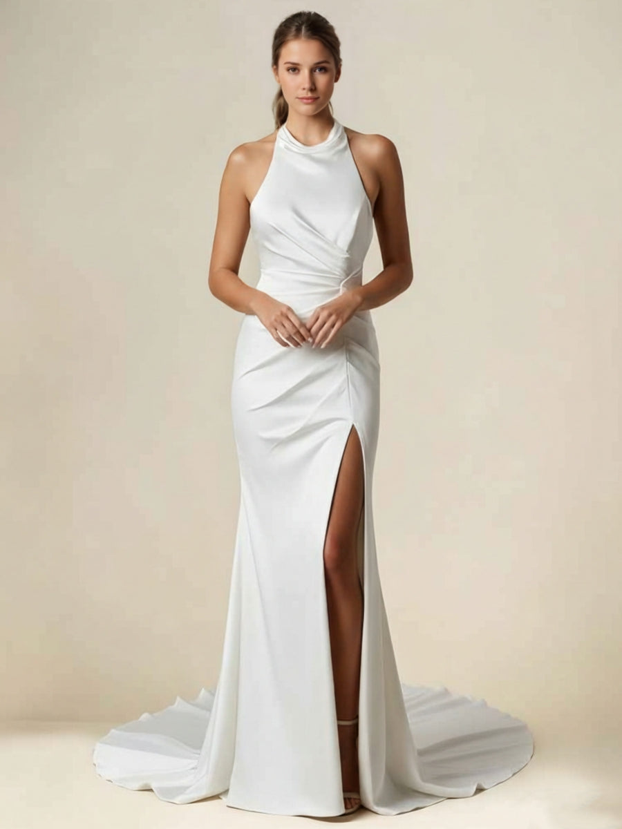 Halter Satin Wedding Dresses With High Split Floor-Length Sweep Train Sleeveless