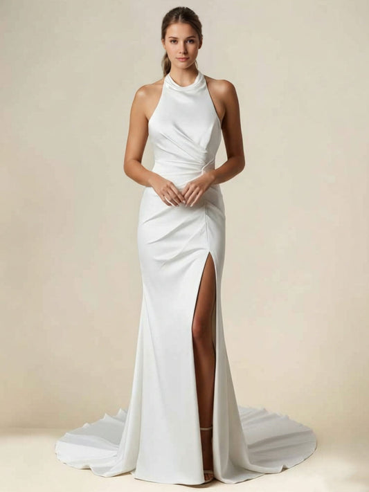 Halter Satin Wedding Dresses With High Split Floor-Length Sweep Train Sleeveless