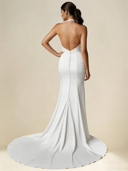 Halter Satin Wedding Dresses With High Split Floor-Length Sweep Train Sleeveless