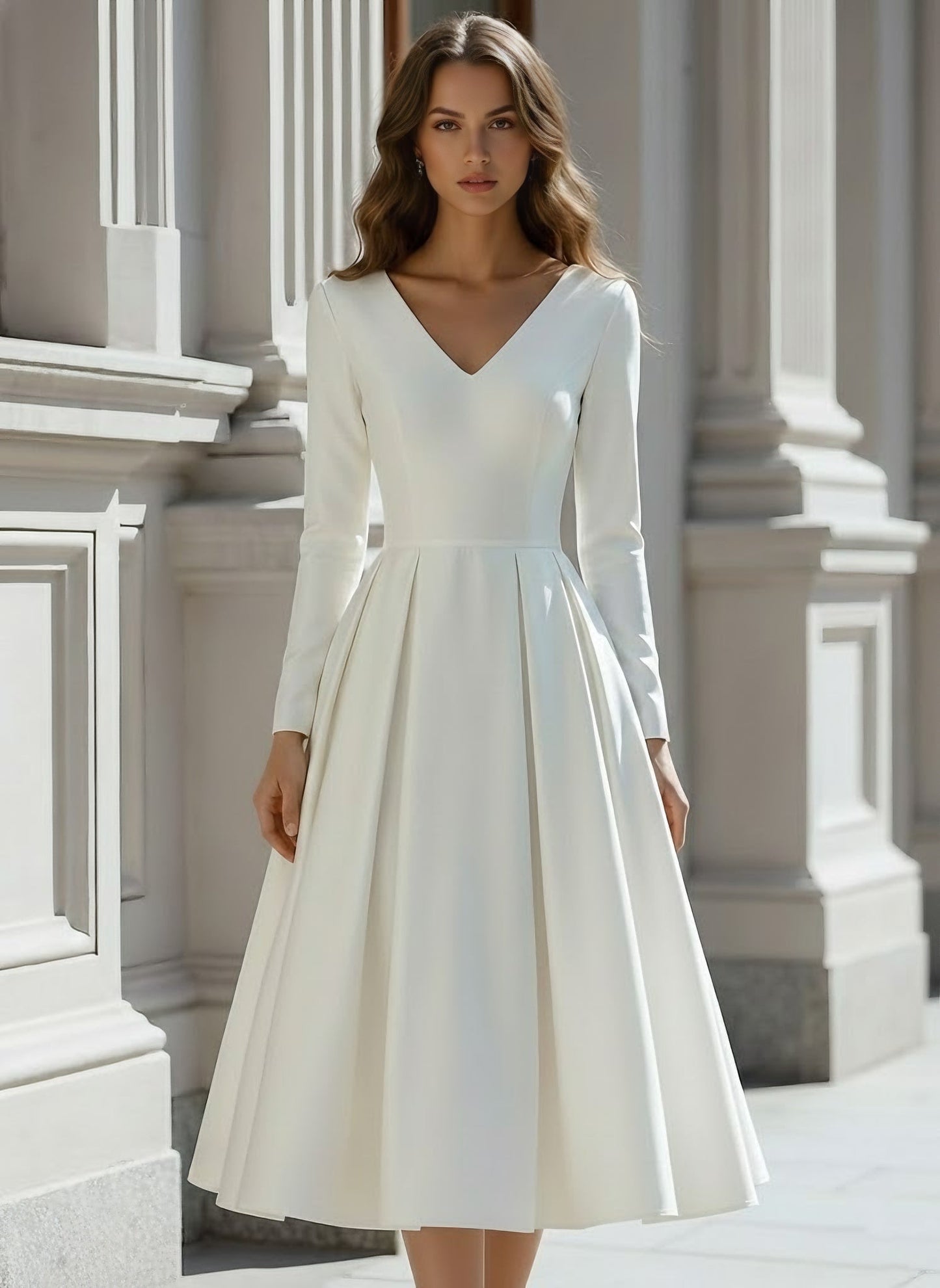 Princess V-Neck Satin Wedding Dress Tea-length Long Sleeves