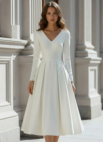 Princess V-Neck Satin Wedding Dress Tea-length Long Sleeves