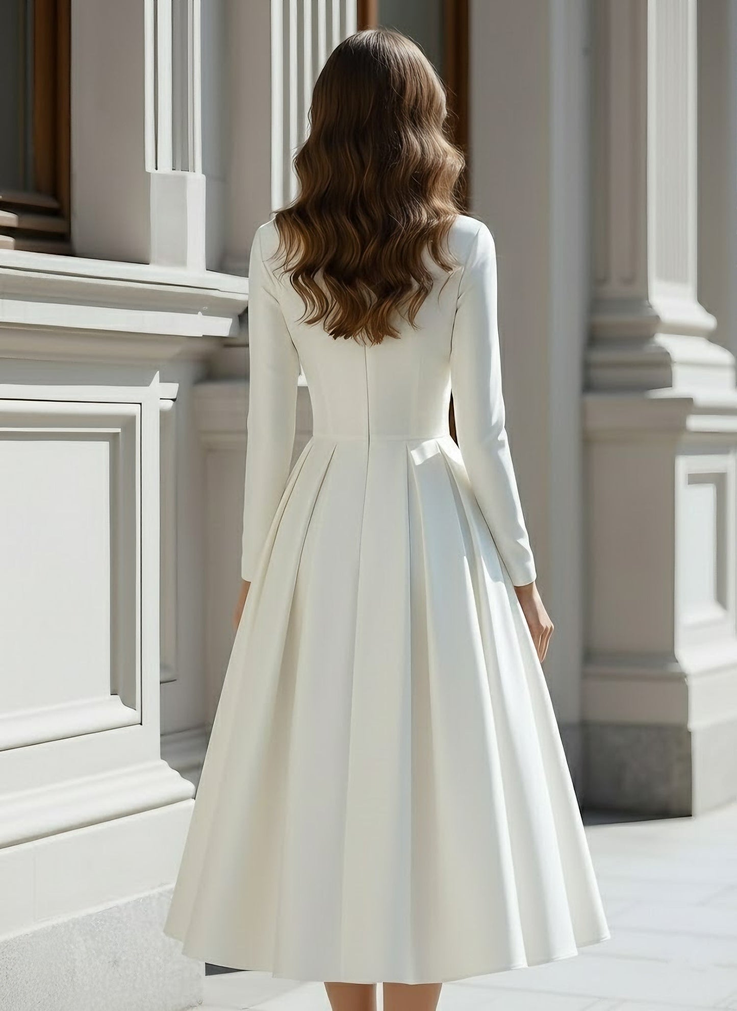 Princess V-Neck Satin Wedding Dress Tea-length Long Sleeves