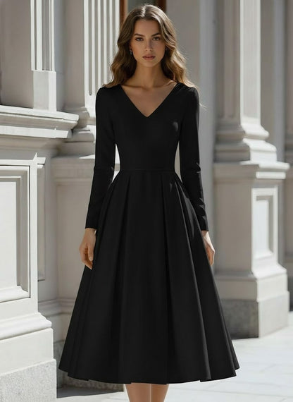 Princess V-Neck Satin Wedding Dress Tea-length Long Sleeves