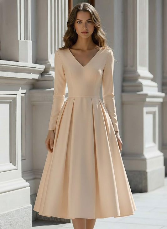 Princess V-Neck Satin Wedding Dress Tea-length Long Sleeves