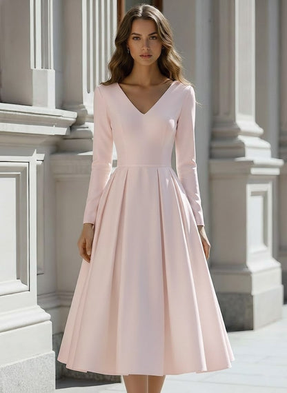 Princess V-Neck Satin Wedding Dress Tea-length Long Sleeves