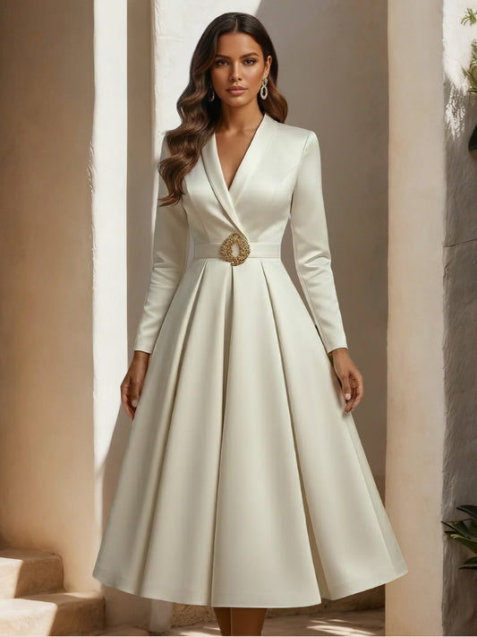 A-Line Shirt Collar Satin Wedding Dress Tea-length Long Sleeves