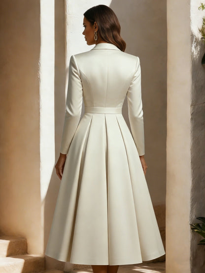 A-Line Shirt Collar Satin Wedding Dress Tea-length Long Sleeves