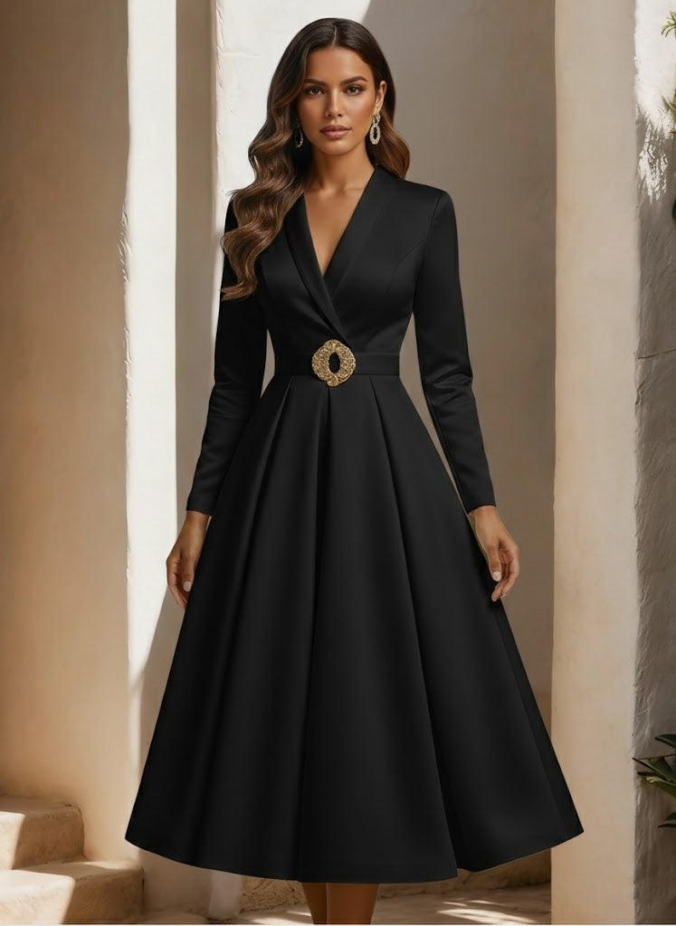 A-Line Shirt Collar Satin Wedding Dress Tea-length Long Sleeves