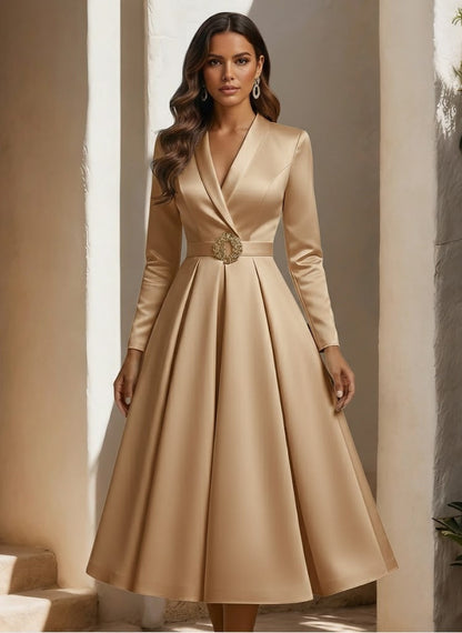 A-Line Shirt Collar Satin Wedding Dress Tea-length Long Sleeves