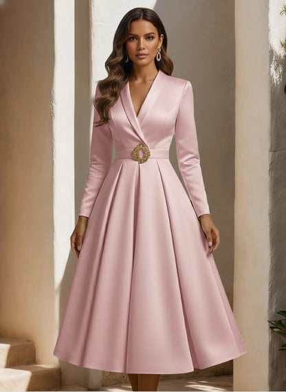 A-Line Shirt Collar Satin Wedding Dress Tea-length Long Sleeves