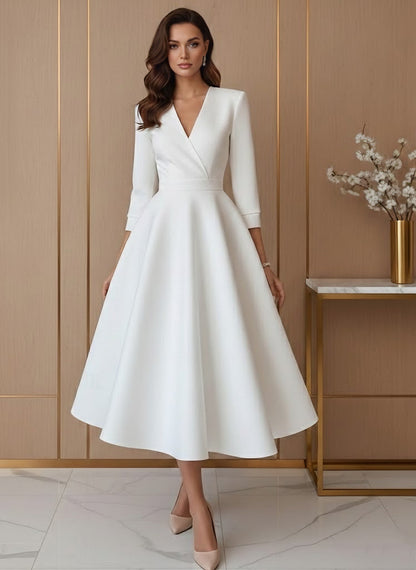 A-Line V-Neck Satin Wedding Dress Tea-length 3/4 Sleeves