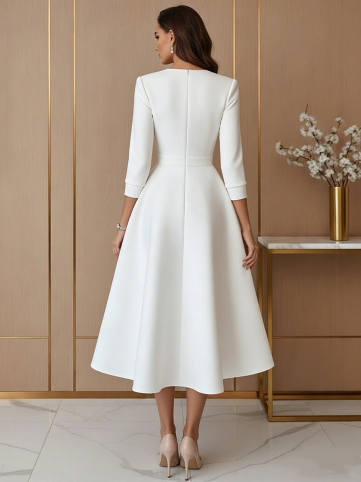 A-Line V-Neck Satin Wedding Dress Tea-length 3/4 Sleeves
