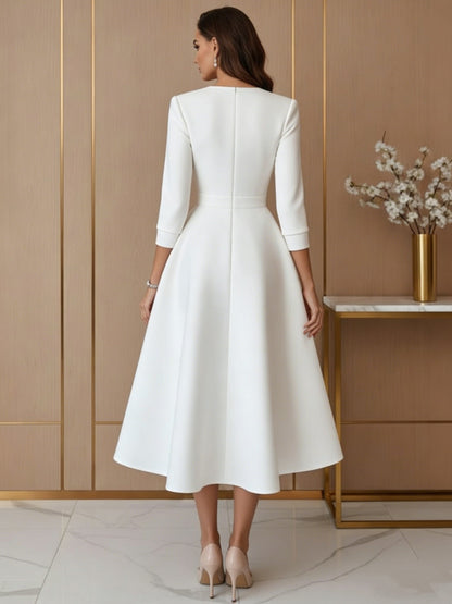 A-Line V-Neck Satin Wedding Dress Tea-length 3/4 Sleeves