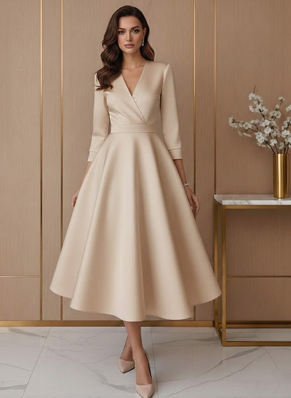 A-Line V-Neck Satin Wedding Dress Tea-length 3/4 Sleeves