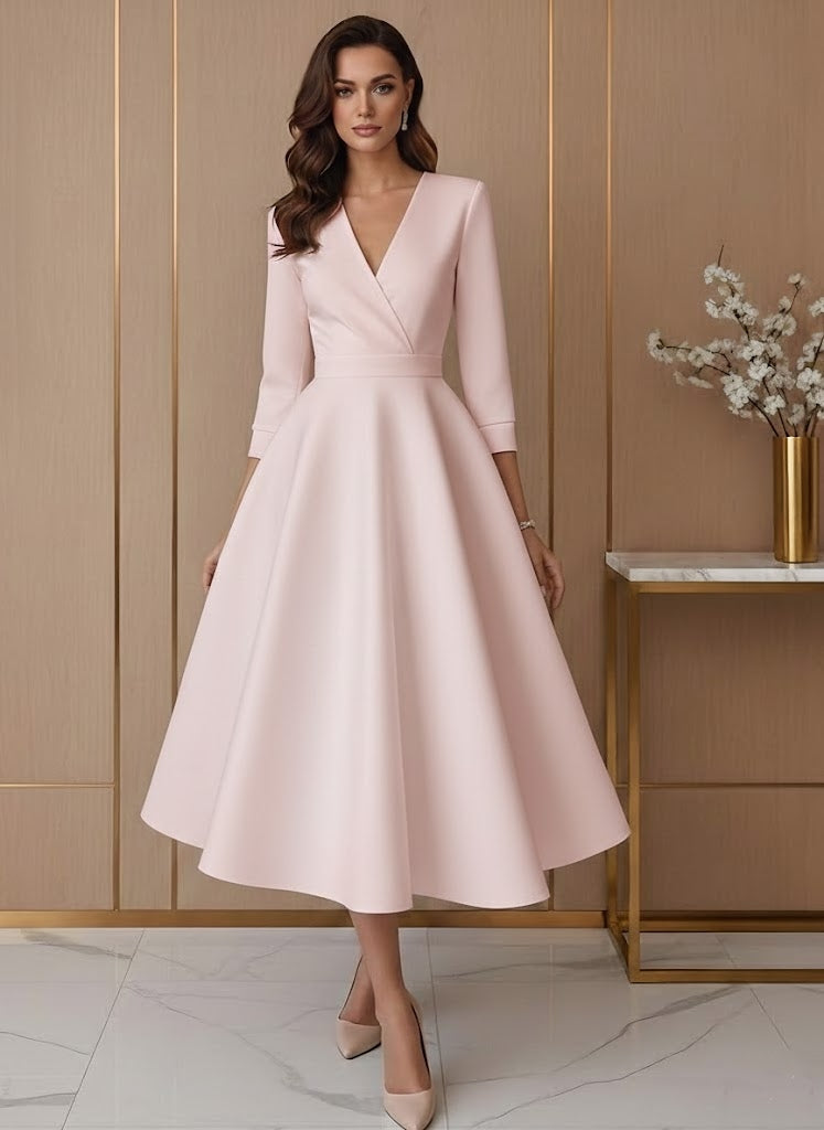 A-Line V-Neck Satin Wedding Dress Tea-length 3/4 Sleeves