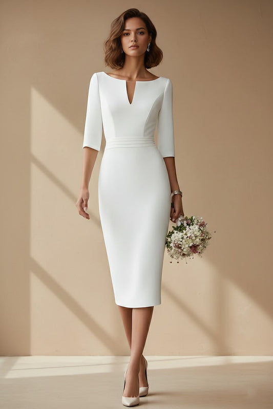 Cowl Neck Satin Wedding Dress Tea-length Half Sleeves Sash