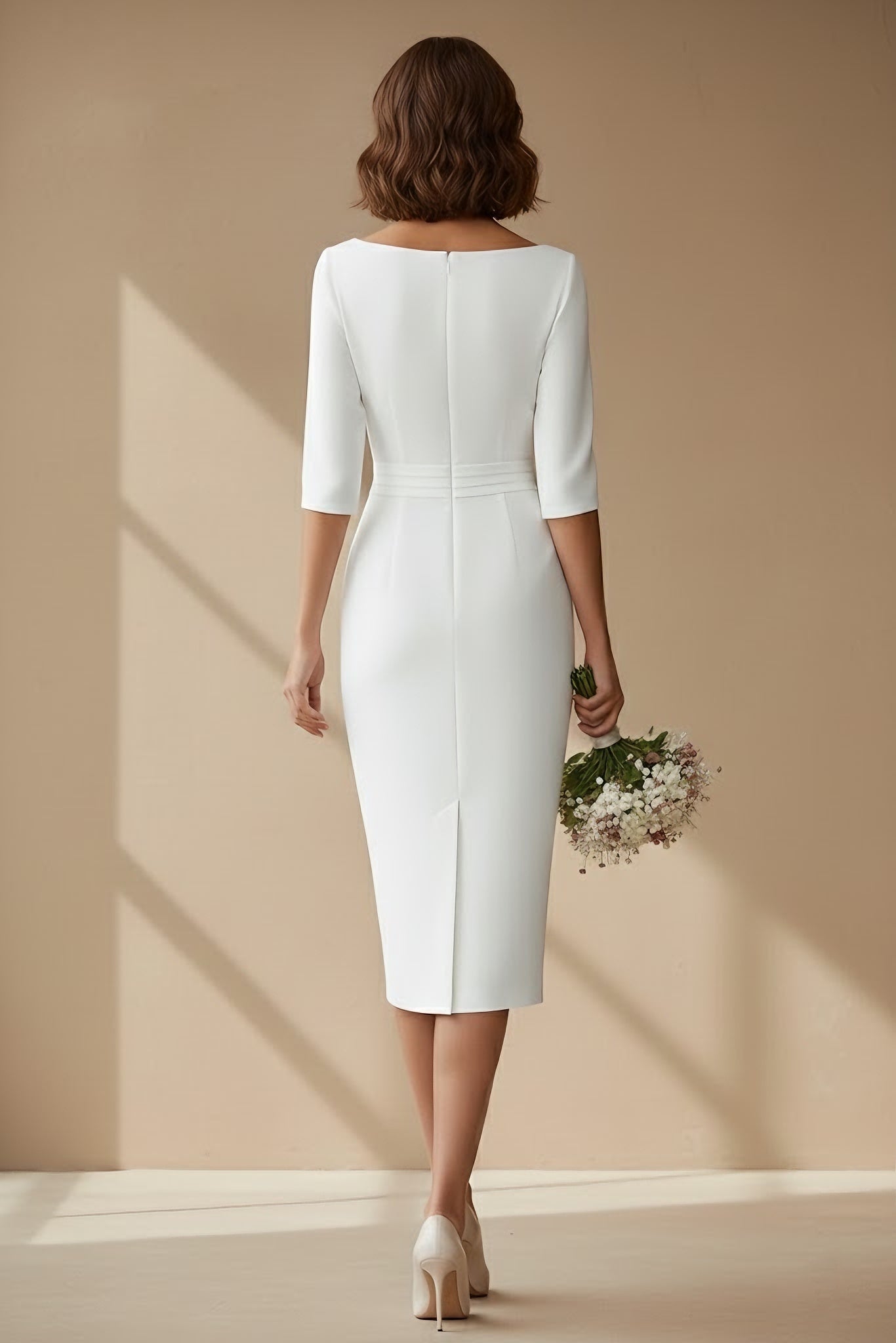 Cowl Neck Satin Wedding Dress Tea-length Half Sleeves Sash