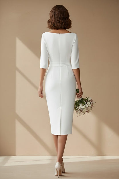 Cowl Neck Satin Wedding Dress Tea-length Half Sleeves Sash