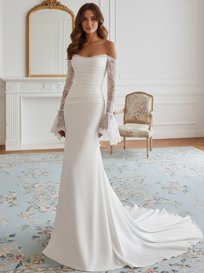 Lace Long Sleeves Mermaid Strapless Wedding Dress Floor-Length Sweep Train