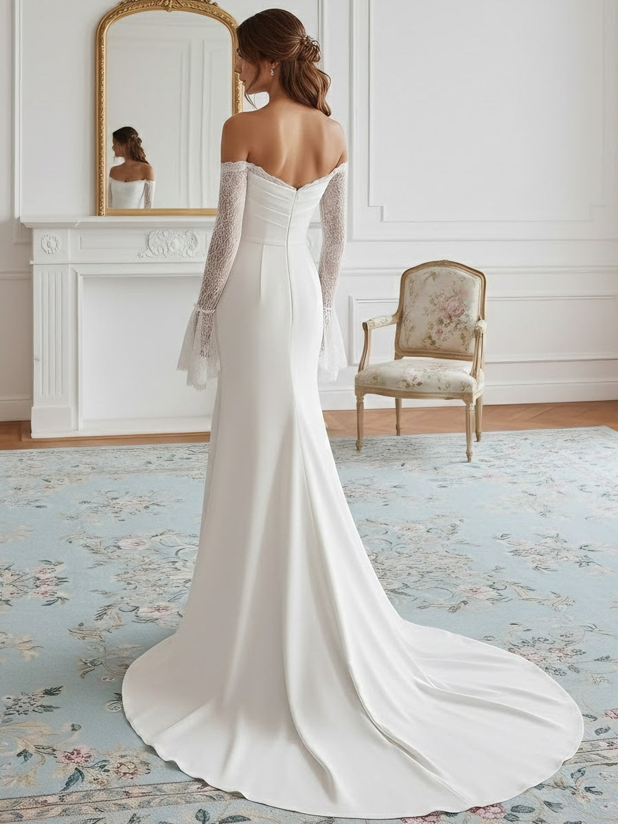 Lace Long Sleeves Mermaid Strapless Wedding Dress Floor-Length Sweep Train