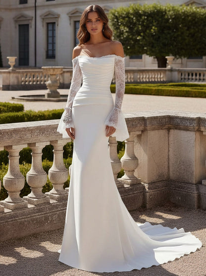 Lace Long Sleeves Mermaid Strapless Wedding Dress Floor-Length Sweep Train