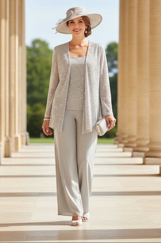 Chiffon Mother of the Bride Pantsuits with Jacket & Sequins