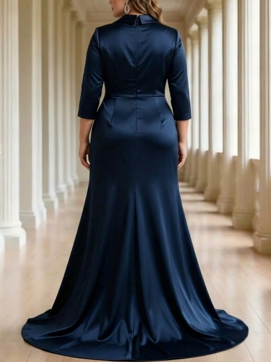 V-Neck Satin Plus Size Mother of the Bride Dresses 3/4 Sleeves Floor-Length