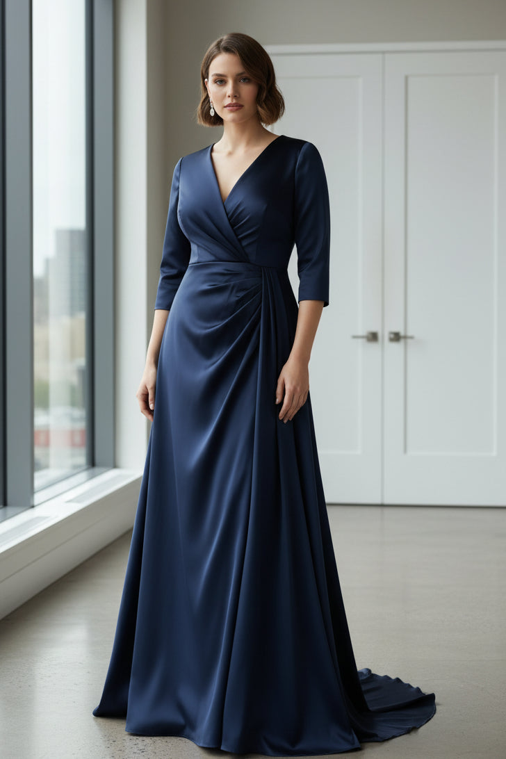V-Neck Satin Plus Size Mother of the Bride Dresses 3/4 Sleeves Floor-Length