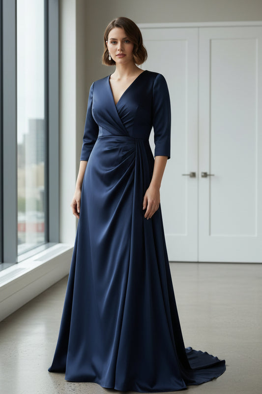 V-Neck Satin Plus Size Mother of the Bride Dresses 3/4 Sleeves Floor-Length