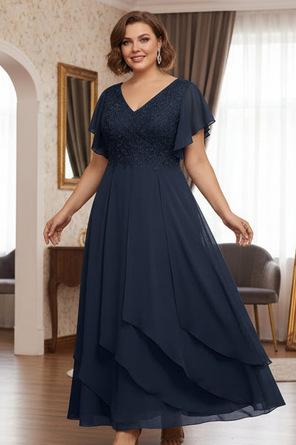 Plus Size Chiffon V-Neck Mother of the Bride Dresses Short Sleeves Ruffles