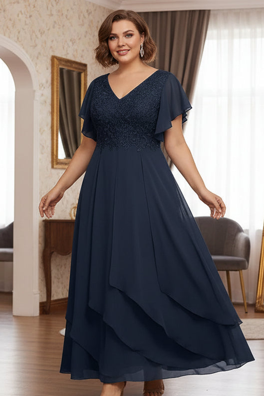 Plus Size Chiffon V-Neck Mother of the Bride Dresses Short Sleeves Ruffles
