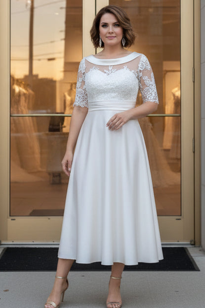 Princess Scoop Satin Plus Size Mother of the Bride Dresses Lace Half Sleeves Tea-Length