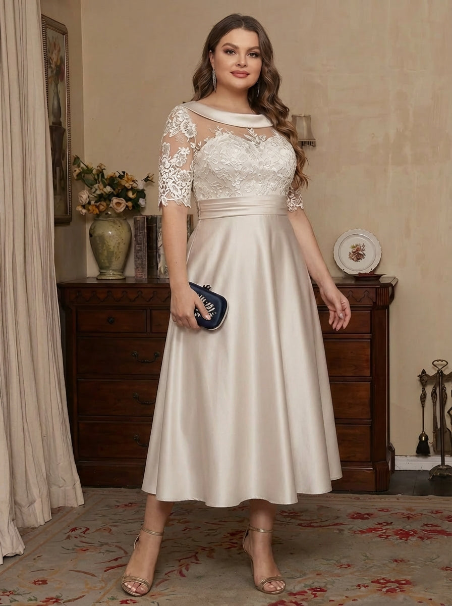 Princess Scoop Satin Plus Size Mother of the Bride Dresses Lace Half Sleeves Tea-Length
