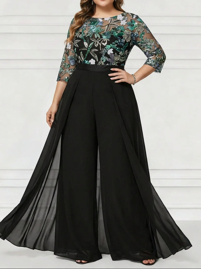 Sequins Jumpsuit Scoop Chiffon Plus Size Mother of the Bride Pantsuits Floor-Length
