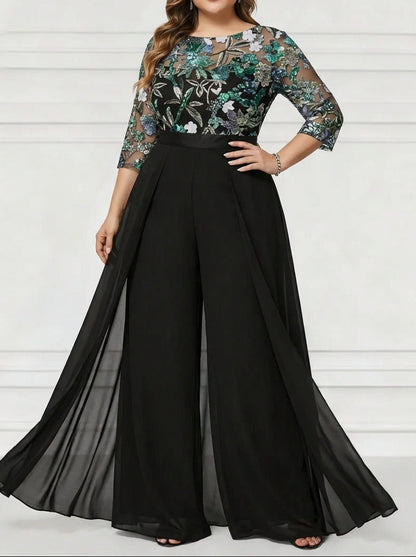 Sequins Jumpsuit Scoop Chiffon Plus Size Mother of the Bride Pantsuits Floor-Length