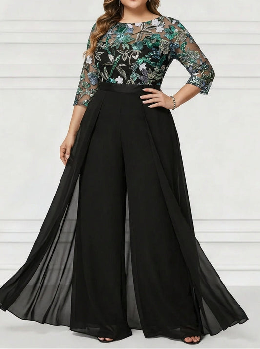 Sequins Jumpsuit Scoop Chiffon Plus Size Mother of the Bride Pantsuits Floor-Length