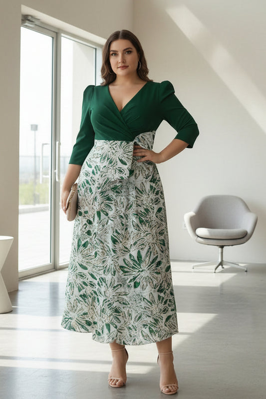 Plus Size 3/4 Sleeves Floral V-Neck Mother of the Bride Dresses with Bow