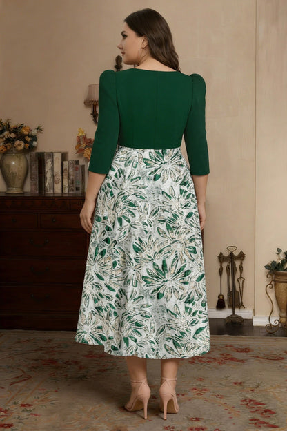 Plus Size 3/4 Sleeves Floral V-Neck Mother of the Bride Dresses with Bow