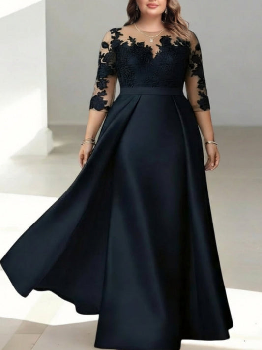 Scoop Satin Plus Size Mother of the Bride Dresses Floral 3/4 Sleeves Lace Floor-Length