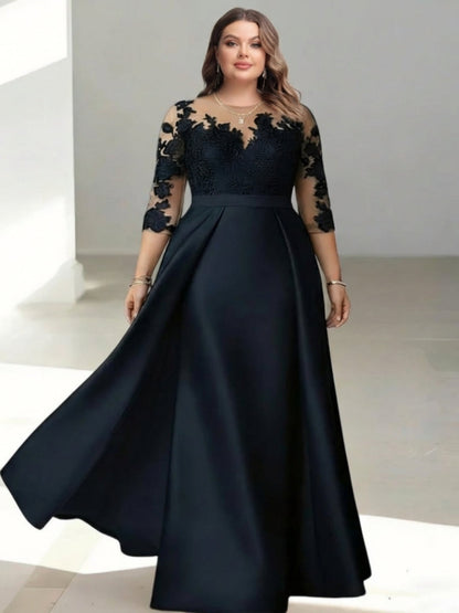 Scoop Satin Plus Size Mother of the Bride Dresses Floral 3/4 Sleeves Lace Floor-Length