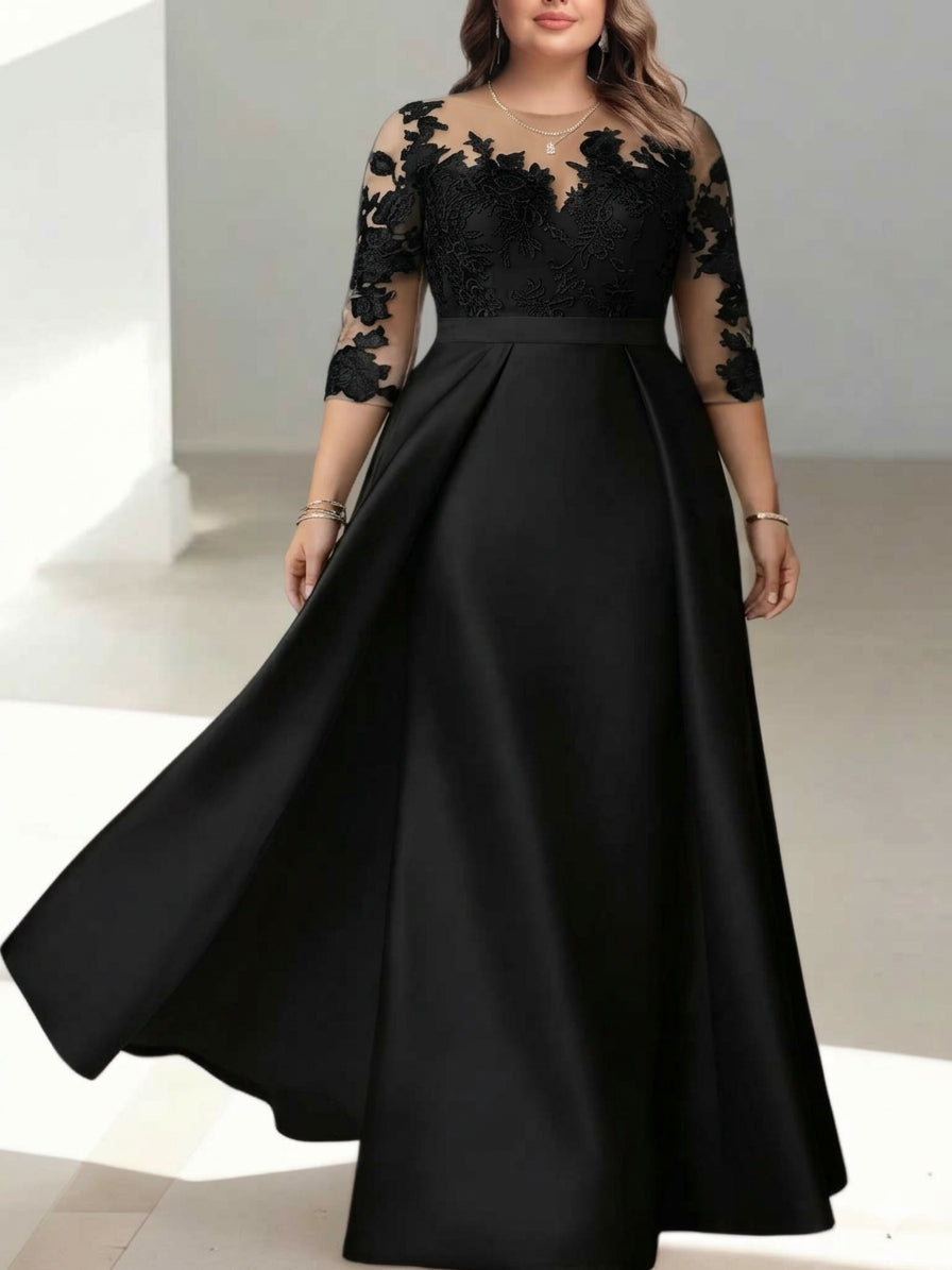 Scoop Satin Plus Size Mother of the Bride Dresses Floral 3/4 Sleeves Lace Floor-Length