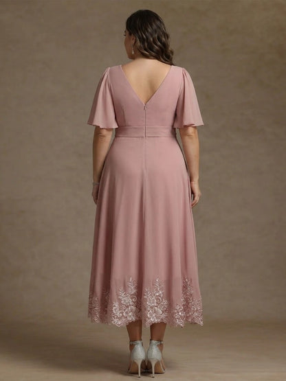 Plus Size Mother of the Bride Dresses Short Sleeves Chiffon Lace Tea Length