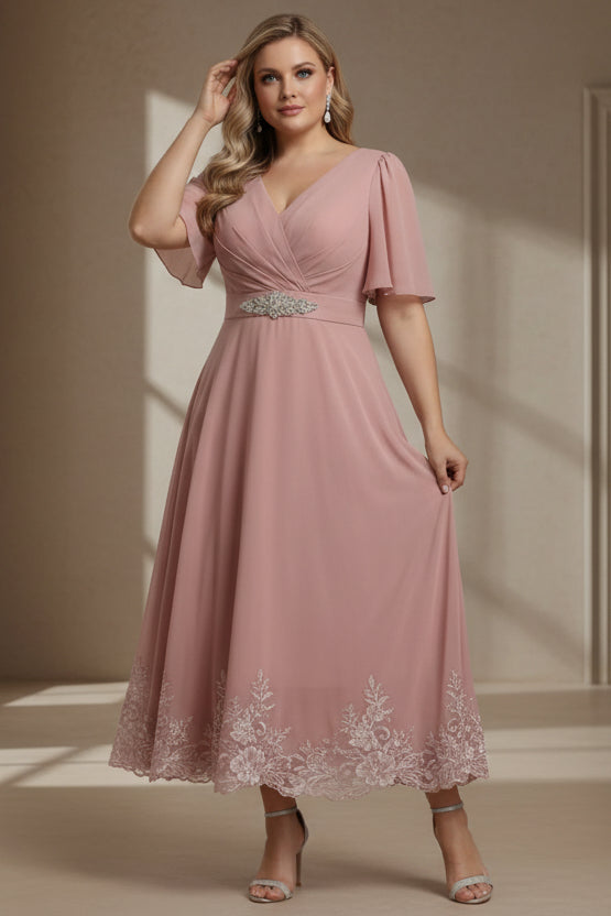 Plus Size Mother of the Bride Dresses Short Sleeves Chiffon Lace Tea Length