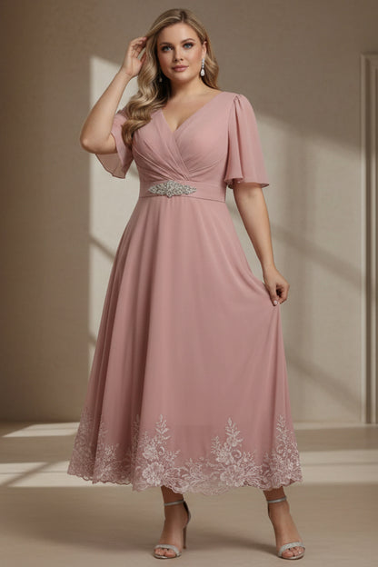 Plus Size Mother of the Bride Dresses Short Sleeves Chiffon Lace Tea Length