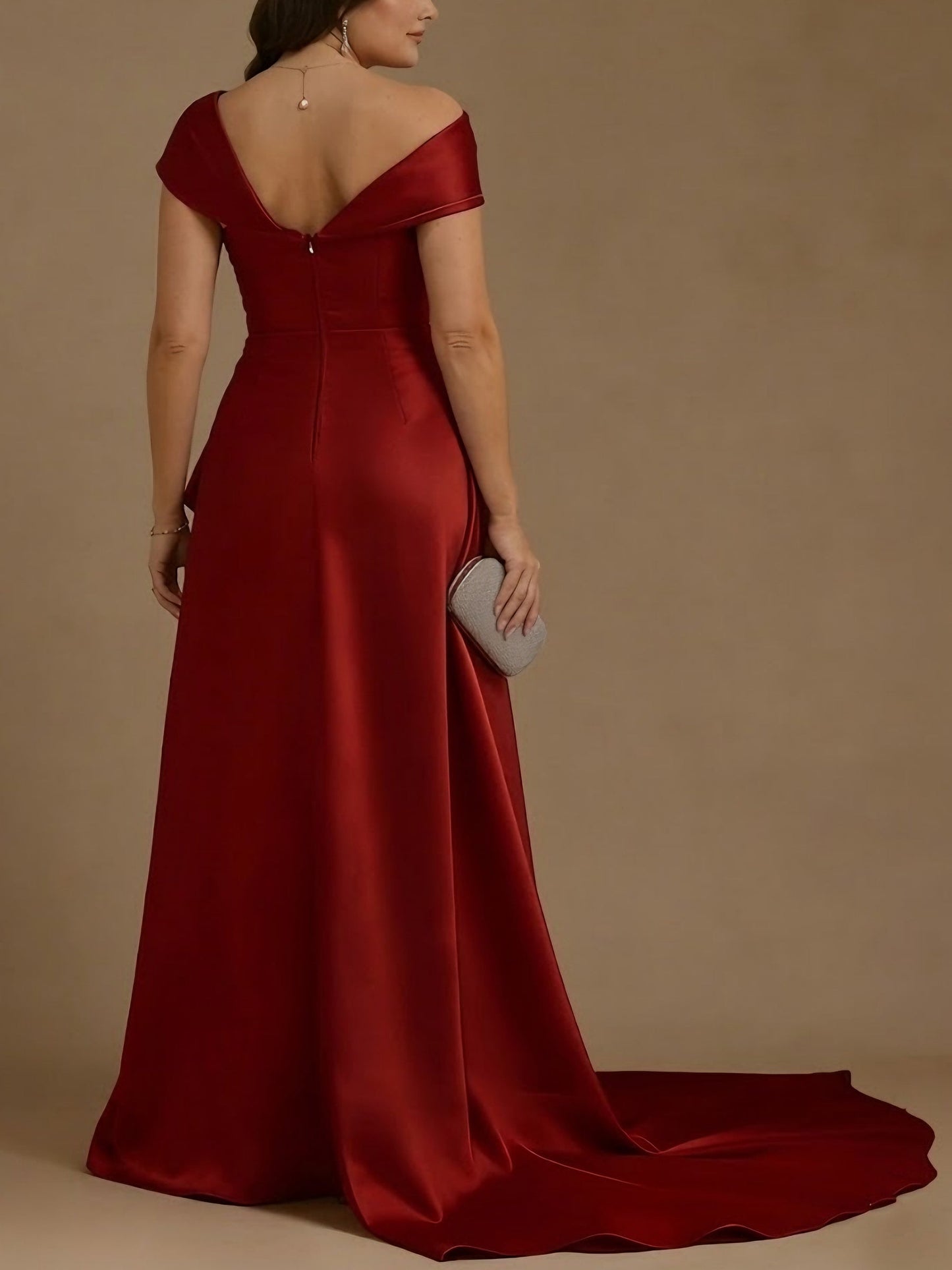 Charming Off-the-Shoulder Satin Plus Size Mother of the Bride Dresses with Split Side