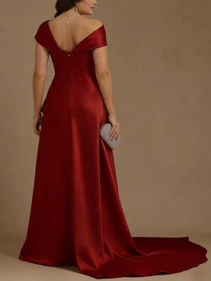 Charming Off-the-Shoulder Satin Plus Size Mother of the Bride Dresses with Split Side