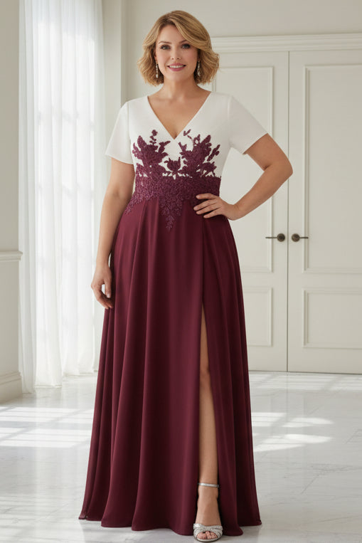 A-Line V-Neck Plus Size Mother of the Bride Dresses with Split