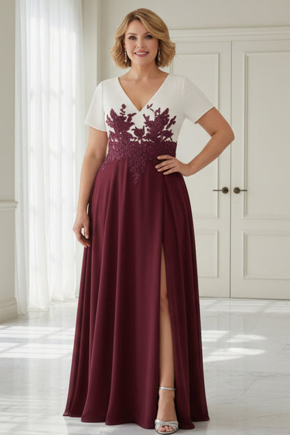 A-Line V-Neck Plus Size Mother of the Bride Dresses with Split