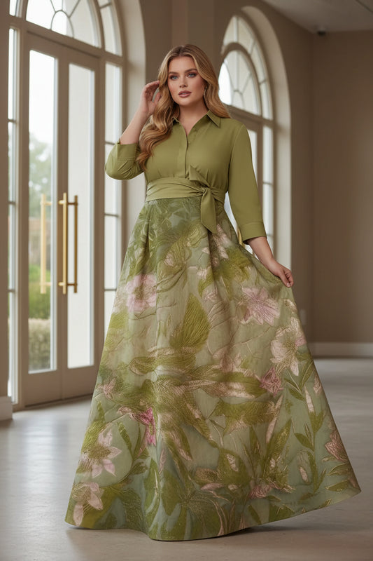 Plus Size Shirt Collar Satin Floral Floor-Length Mother of the Bride Dresses